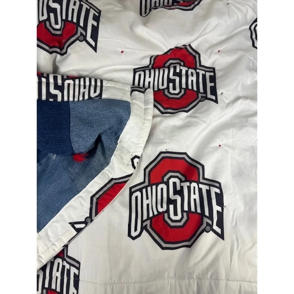 Handmade Ohio State Buckeyes Reversible Denim Patchwork Quilt Tied Throw Blanket